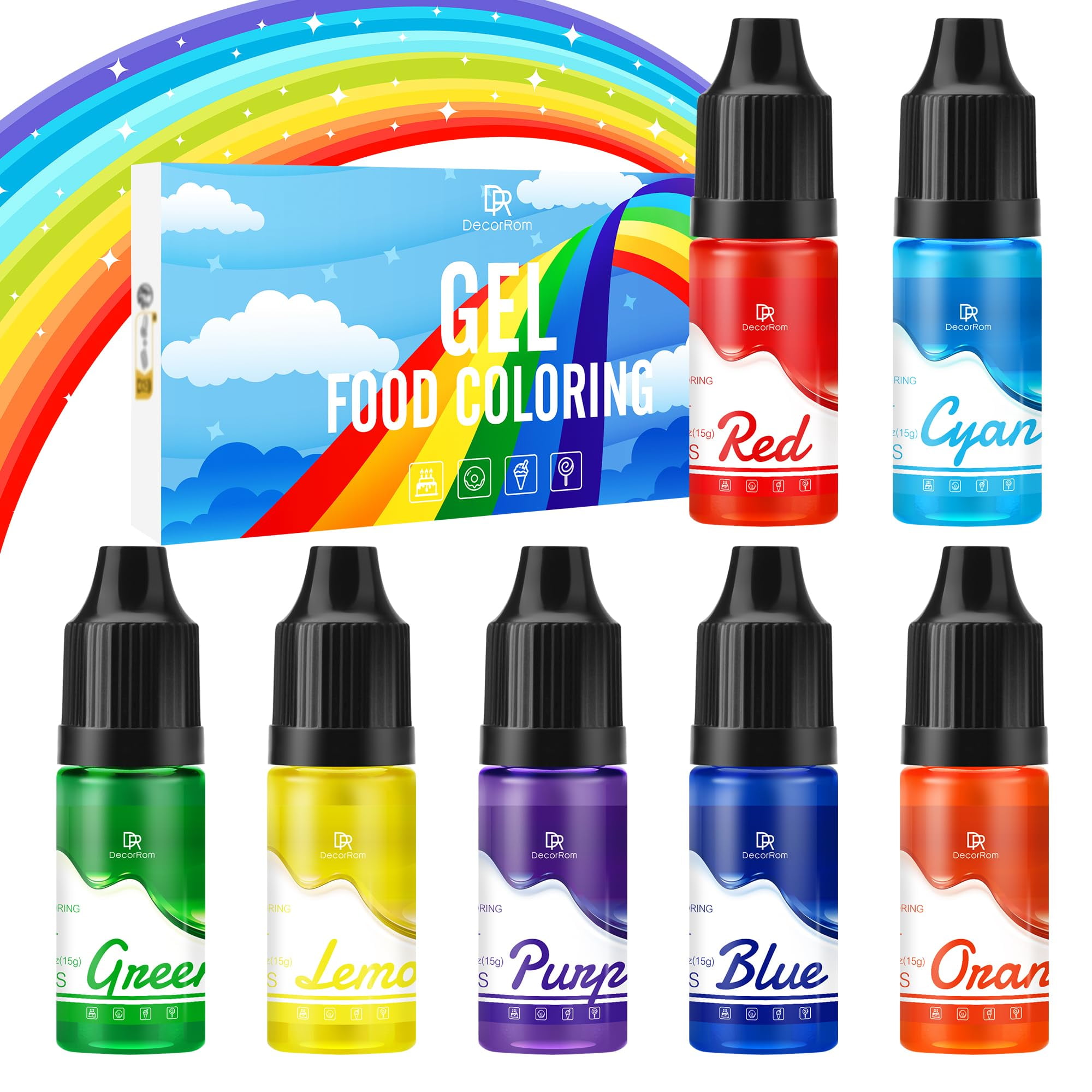 Gel Food Coloring SCH4- Rainbow Gel Food Coloring Baking, Cake Decorating, Easter Egg - 7 Colors Concentrated Flavorless Edible Food Color Dye Icing, Fondant, Cookie, DIY Crafts - 15g/Bottle