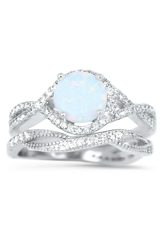White Fire Opal Cubic Zirconia Wedding Ring Set In Sterling Silver for Women Size 8