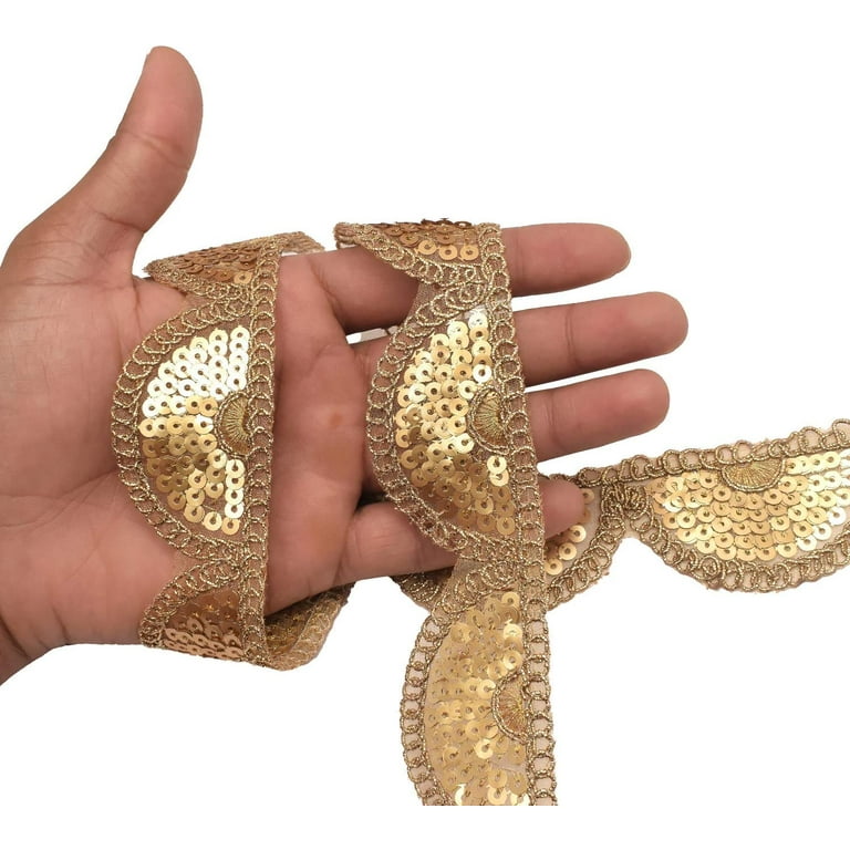 Trimming Shop 12mm Gold Pearl Beaded Embellishing Lace Trim Edge Ribbon, 1  Meter
