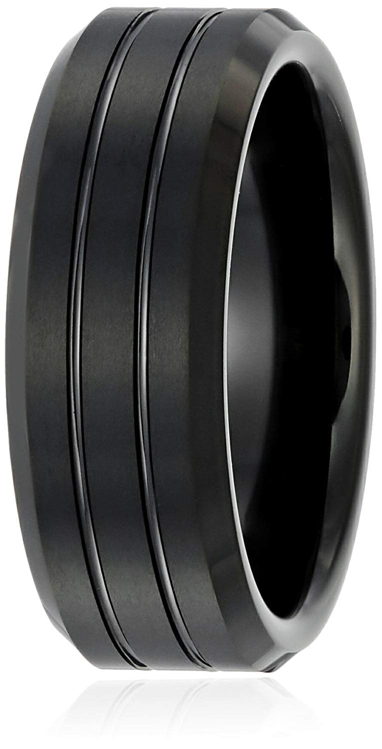 Men's Sapphire Tungsten 8mm Black Finish Grooved Pattern with Beveled Edge Comfort Fit Wedding Band Ring, Size 10.5