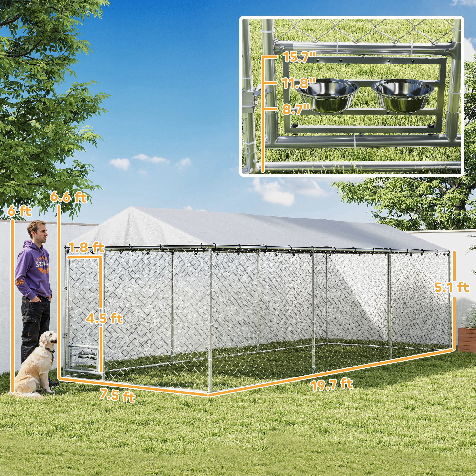 PawHut Dog Kennel Outdoor Dog Run with Waterproof UV-Resist Cover, Lockable Door, Adjustable Bowls, 20 x 7.5 x 6.5ft
