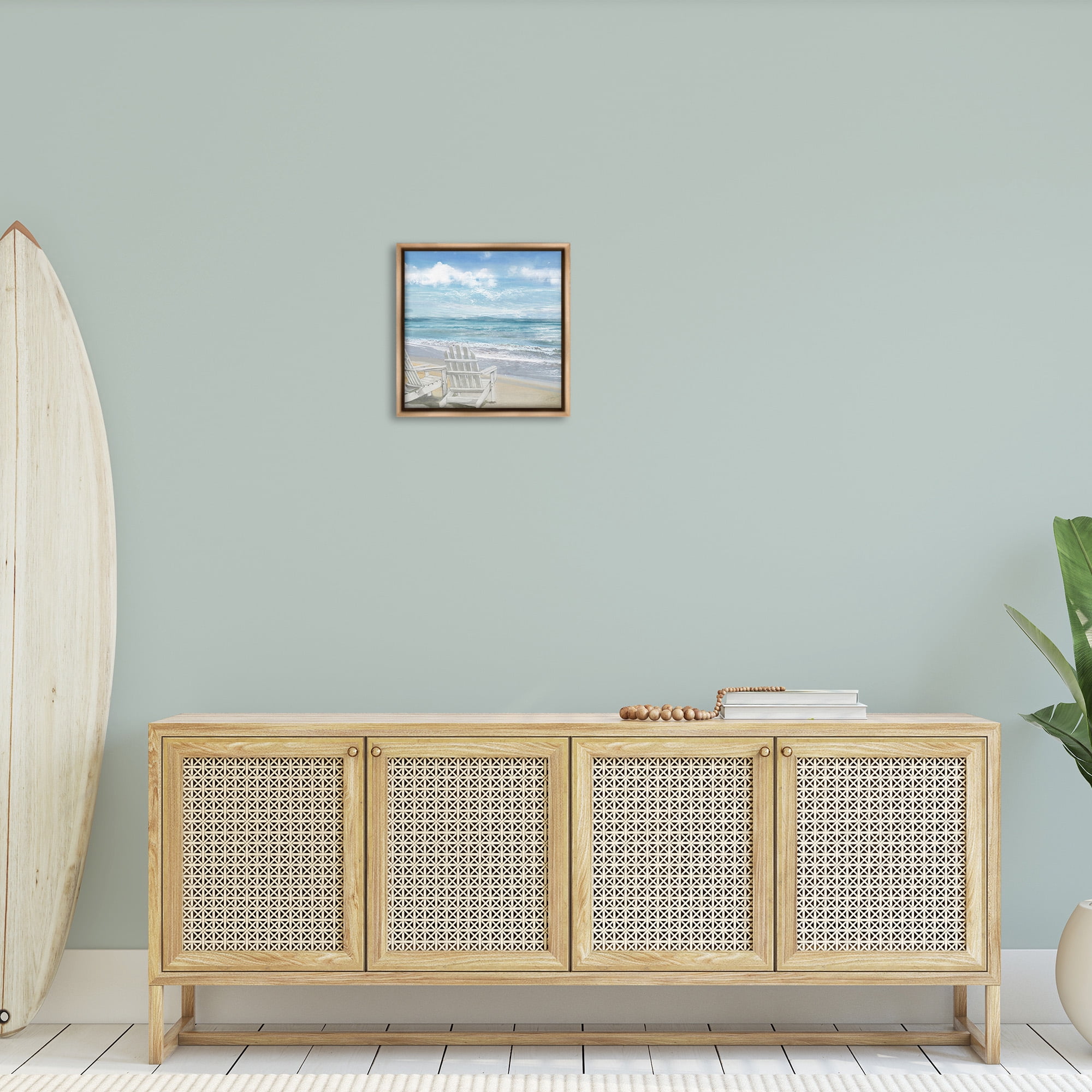 Stupell Industries White Adirondack Chairs on Beach Landscape Painting Brown Floater Framed Canvas Art Print Wall Art, 18 x 18