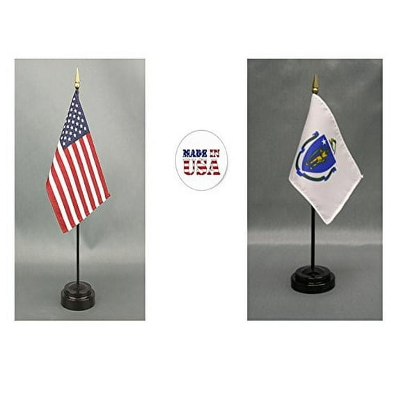 1 American and 1 MassachusettsMini Desk Flags – Set of 2 with Stands, 4"x6" Rayon
