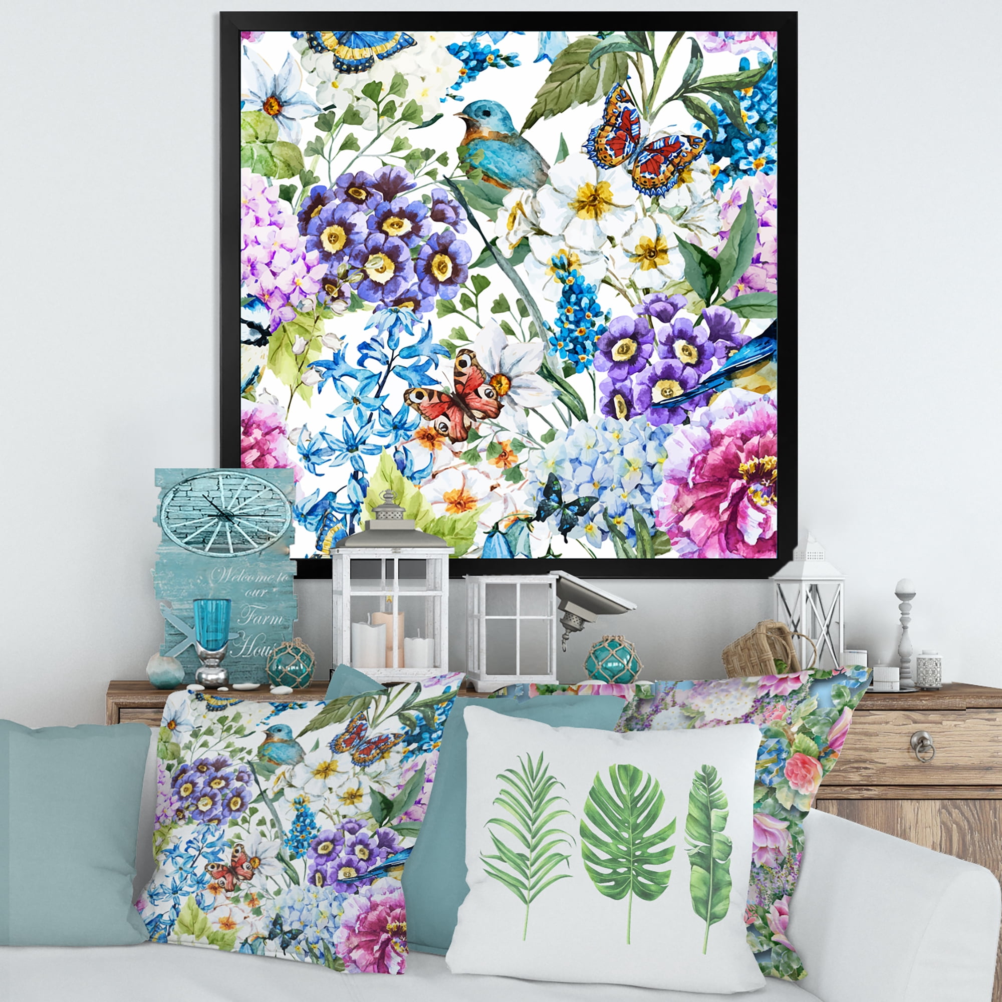 Wildflowers and Vibrant Wild Spring Leaves XII 36 in x 36 in Framed Painting Canvas Art Print, by Designart