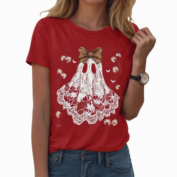 Kakishop Halloween Womens Clothing Halloween Shirts for Women: Halloween Pumpkin Shirt Cute Ghost Shirts Spooky Season Tee Fall Graphic Short Sleeve Tee,Red