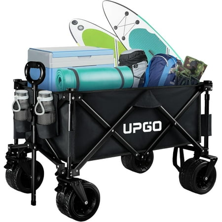 upgo 200l collapsible foldable wagon with 350lbs weight capacity  heavy duty folding utility garden cart with big all-terrain beach wheels & drink holders.black
