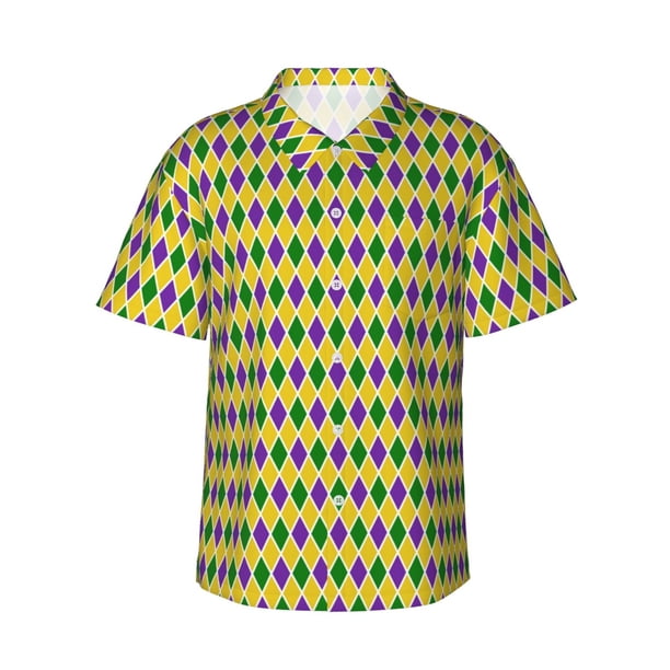 Balery Mardi Gras Purple Yellow Plaid Camisas hawaianas de manga corta para hombre, camisas playeras de corte holgado, camisas de vacaciones con botones,Medium