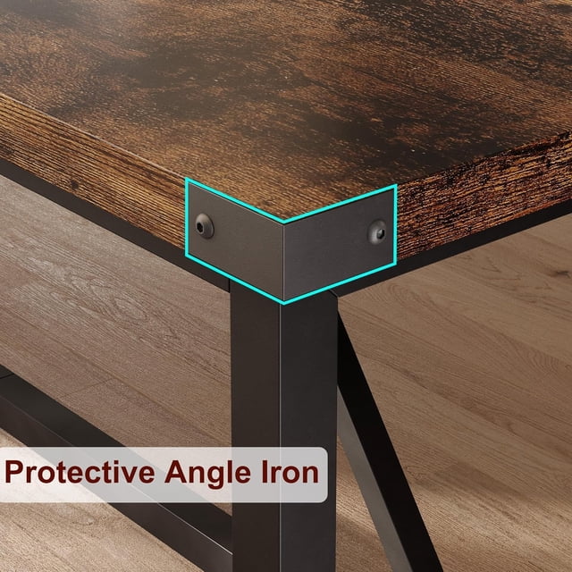 Kojooin Dining Table for 6 with Corner Iron Protectior, 71Inch Rectangular Wood Kitchen Table with H-Heavy Duty Metal Legs, Industrial Dining Table for Dining Room
