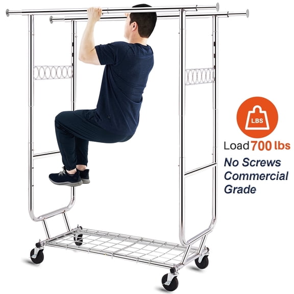 HOKEEPER 700 lbs Commercial Grade Heavy Duty Garment Rack with Shelves Collapsible Clothing Racks on Wheels Rolling Clothes Rack for Hanging Clothes Portable Adjustable, Chrome Finish