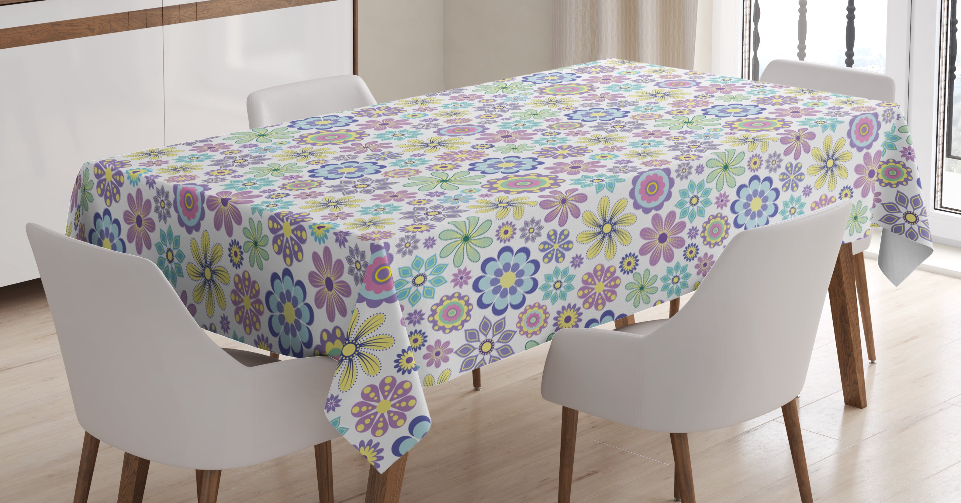 Pastel Tablecloth, Cute Ornate Different Kinds of Flowers Colorful