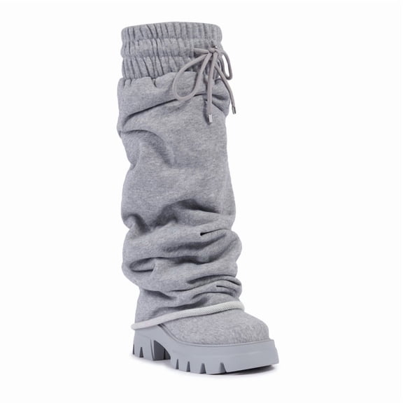 Grey Platform fold over Soft and elastic boot tube fabric Boots for women Round Toe Chunky Heel wide calf pants Boots Pull-On Fashion Party Slouchy Shoes 9