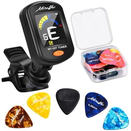 Rechargeable Guitar Tuner Clip On with 28Pcs Guitar Picks, Guitar Tuner for Acoustic Guitar, Electric Guitar, Bass, Ukulele & Chromatic Tuning Modes, Full Color Display