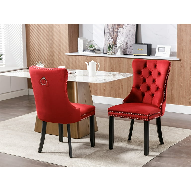 ODUSE DAILY Burgundy Velvet Dining Chairs Set of 6 Kitchen Dining Room Chairs Sillas De Comedor Nailheads Tufted Fabric Upholstered Solid Wood