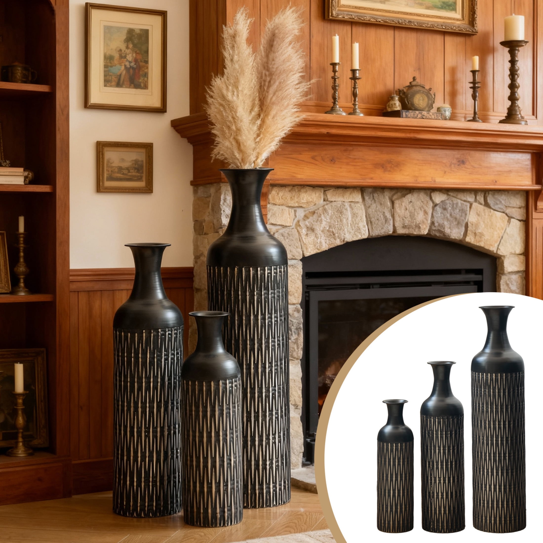 Noble House 3-Piece Metal Floor Vase Set, 32.68", 25.98", 19.69" Textured Decorative Vases, Black