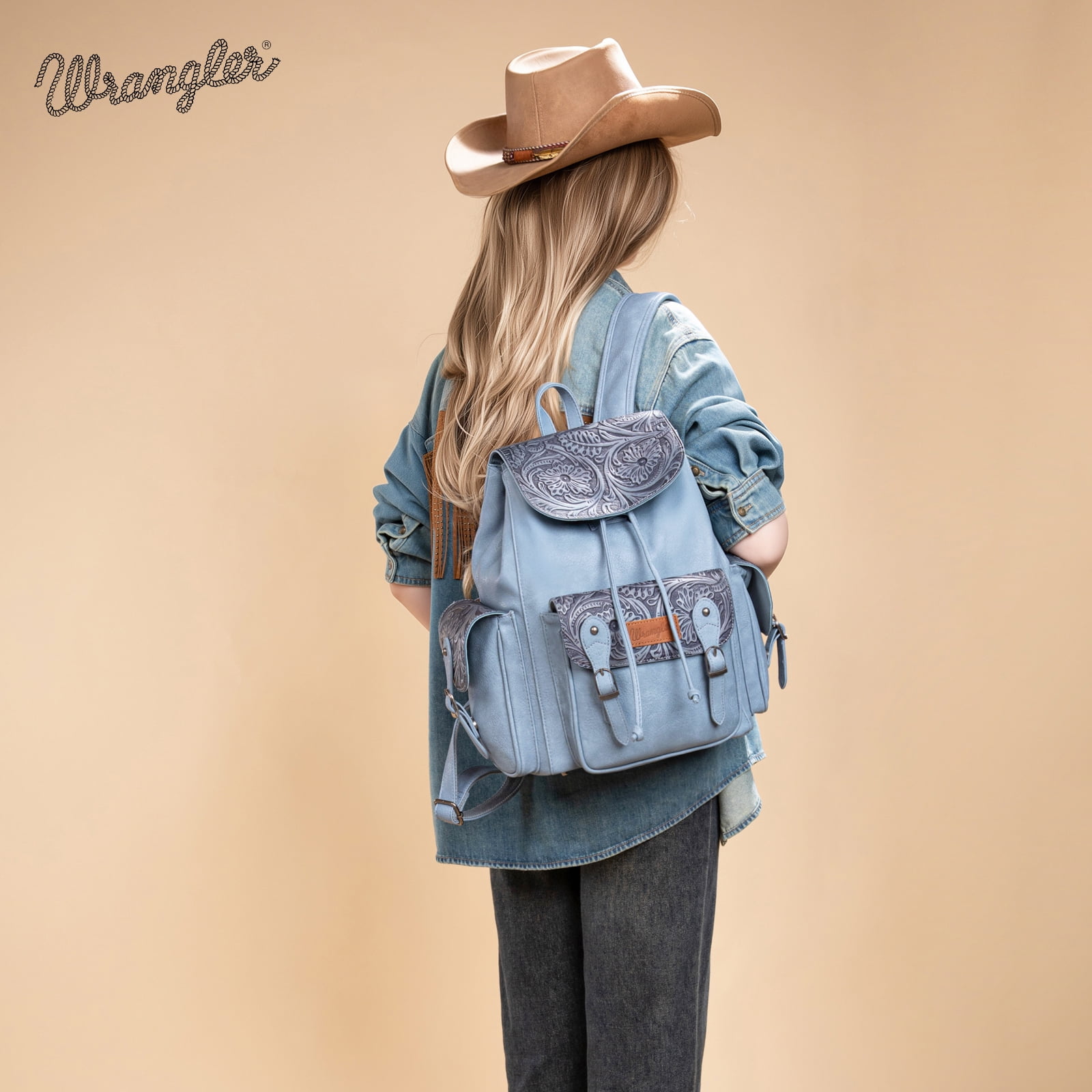 Wrangler Backpack Purse for Women Men Floral Tooled Designer Travel Bags, Jean