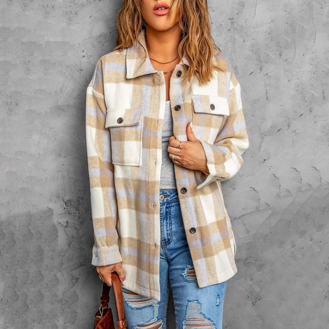 Chaquetas y abrigos casuales sin capucha de manga larga para mujer, chaquetas de franela a cuadros, camisas de manga larga con botones, abrigos con bolsillos laterales, abrigo para mujer