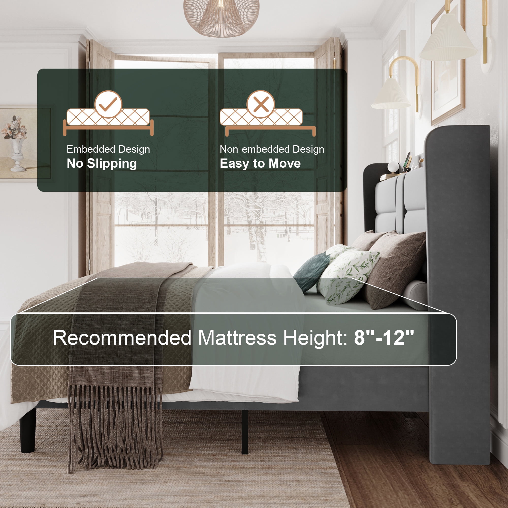 Amolife Full Size Upholstered Platform Bed Frame with Velvet Wingback Headboard & USB Charging Ports, No Box Spring Needed, Grey