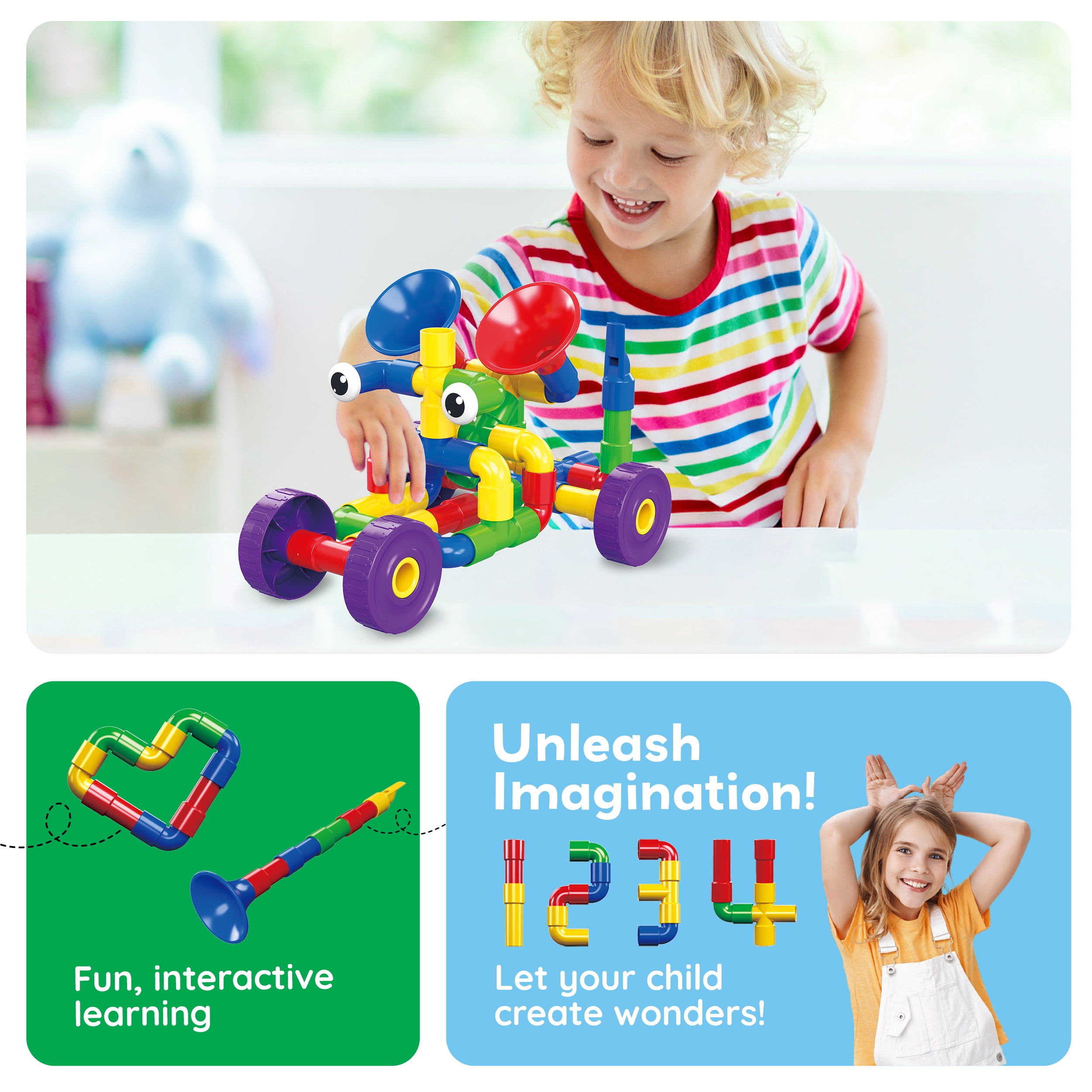 PicassoTiles 136PCS Pipe Tube Wheel Construction Building Blocks Set – STEM Educational Toy for Kids