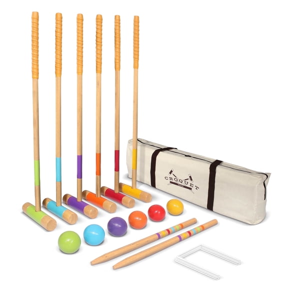 GoSports Deluxe Croquet Set - Full Size for Adults & Kids, Includes 6 Croquet Premium Wood Mallets(35 In Long) for Durability, 6 Balls, 9 Wickets