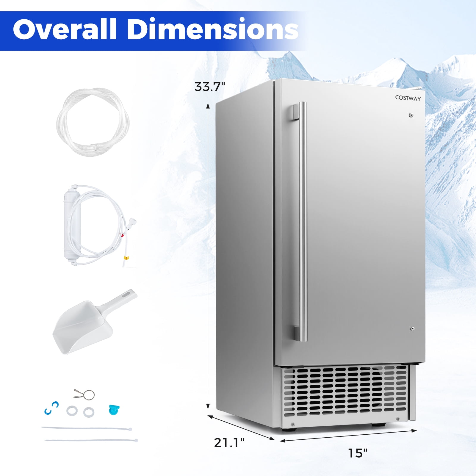 Costway Freestanding Ice Maker, 110 lbs/24H Undercounter/ Ice Machine with 25 lbs Capacity Silver