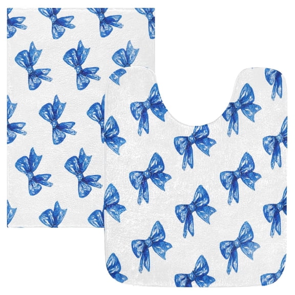 2 Piece Bath Mat Set with U-Shaped Toilet Mat and Rectangle Bath Rugs Non Slip Machine Washable Bathroom Mats Blue Bows Pattern