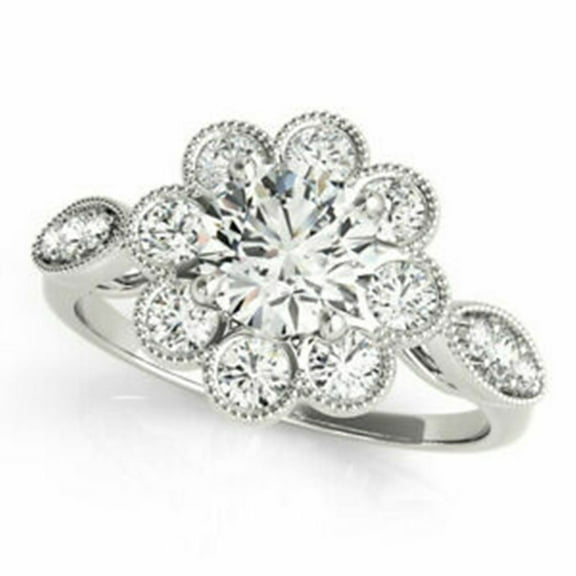 Milgrain Floral Cluster Halo Wedding Ring For Women 2.6 Ct Diamond 14K White Gold Over