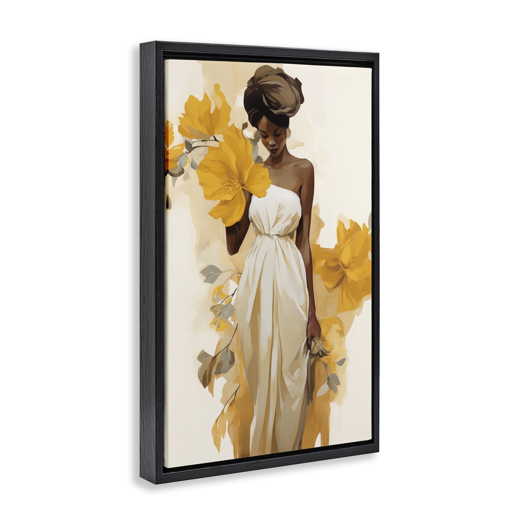 Stupell Industries Elegant Floral Woman People Painting Black Floater Framed Canvas Art Print Wall Art, 17 x 25