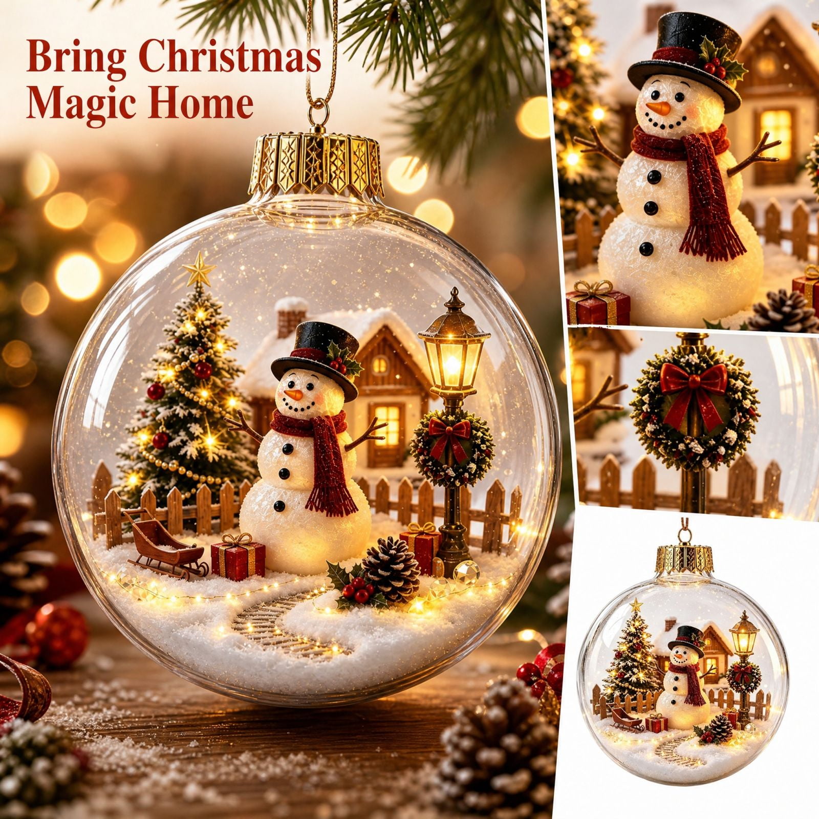 Christmas 3D Ornament with Glowing Led Lights Clear Plastic Snow Globe Design Miniature Winter Village Scene Battery Operated Holiday Decor for Tree Branches Festive Indoor
