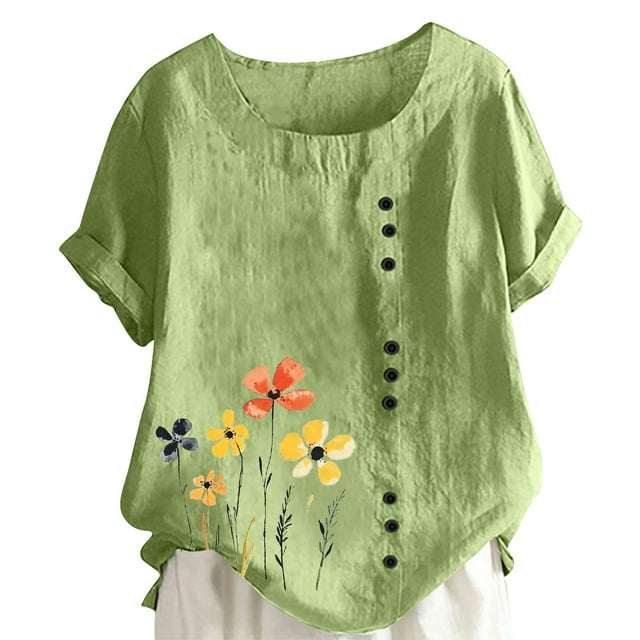 LMKIHUSA Chemises en Lin à Manches Courtes pour Femmes, Col Rond, Boutons, Tops Boho, Tunique à Imprimé Floral, T-Shirts Décontractés, Mode Été 2025, Blouses Vert Menthe, G