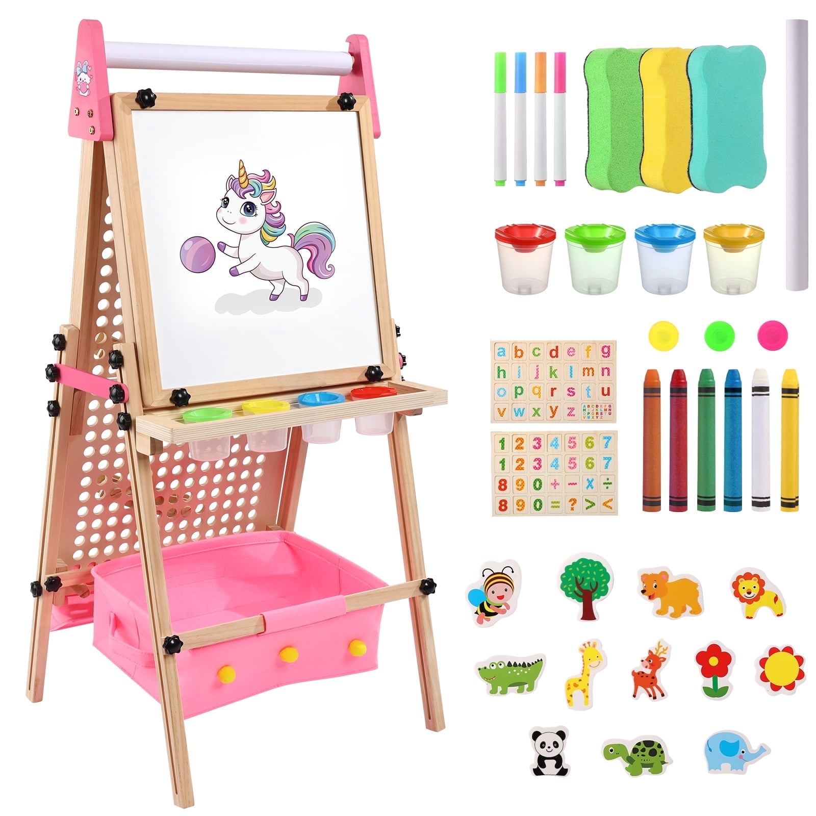 RLUETIME Adjustable Wooden Kids Art Easel with Magnetic Chalkboard, Paper Roll, and Storage