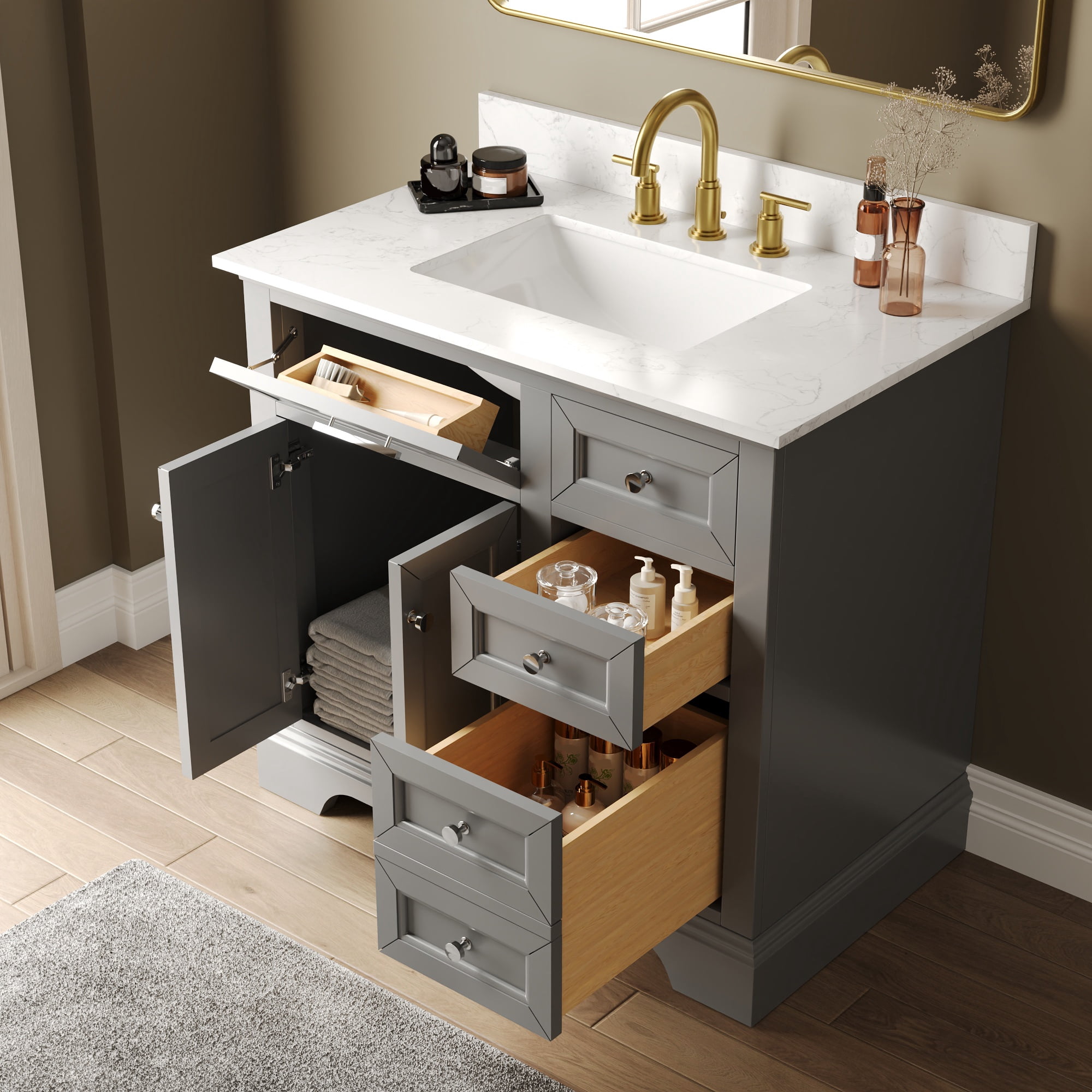 36 in. Single Sink Freestanding Light Gray Wood Bath Vanity with White Engineered Marble Top (Assembled)