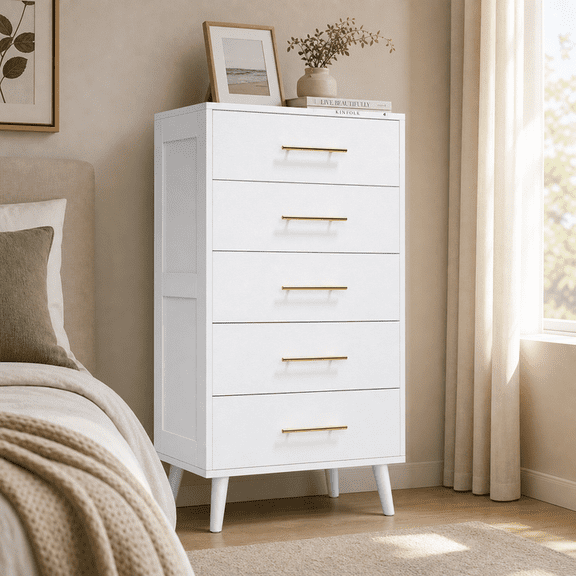 Aiho 5 Drawer Dresser, Tall Chest of Drawers Nightstand Storage Tower Storage Wooden Dresser for Living Room, Bedroom, Hallway - White
