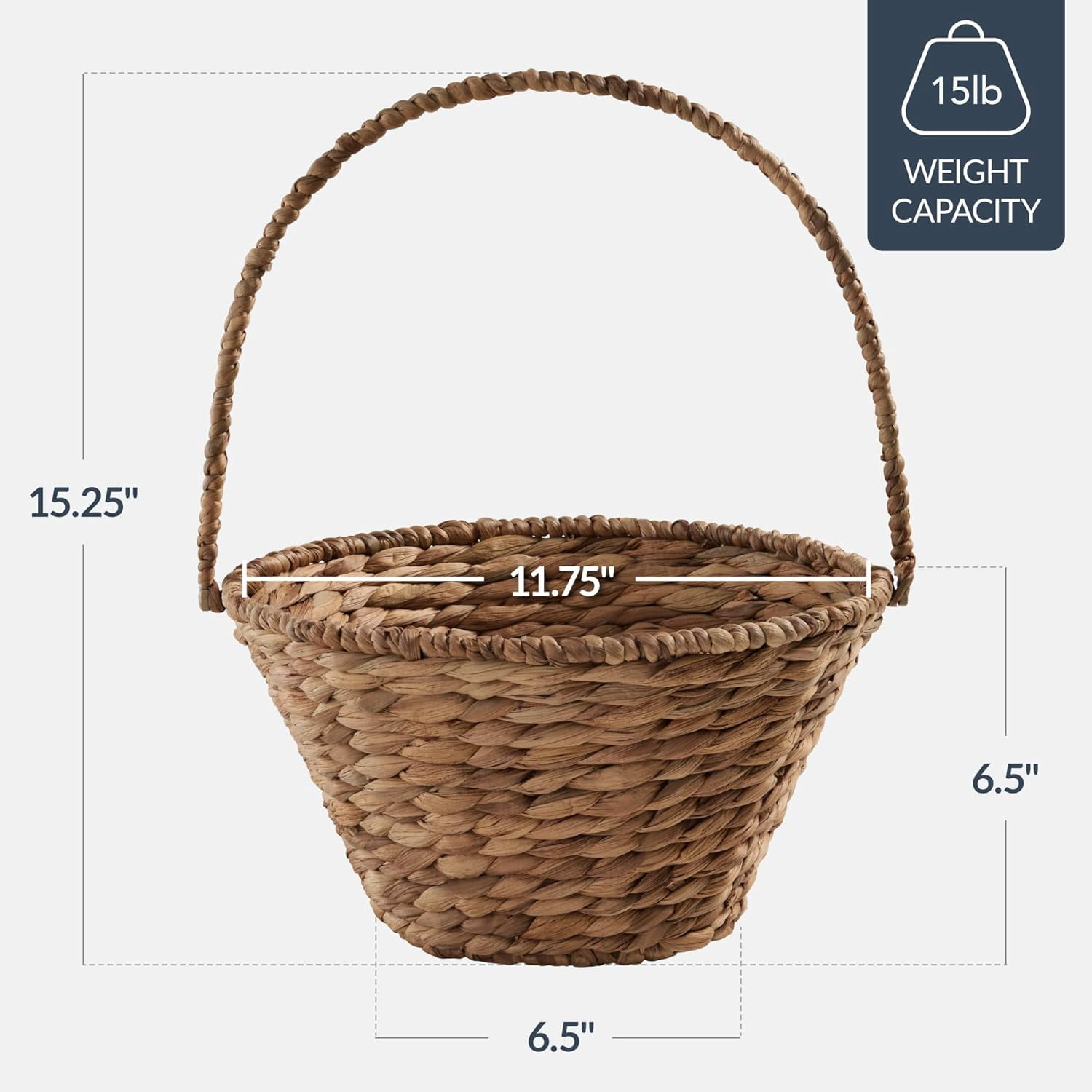 Themis Handwoven Easter Basket, Small Woven Easter Basket for Kids, Easter Egg Hunt Basket w/Collapsible Handle, Tapered Shape, Water Hyacinth - Chestnut