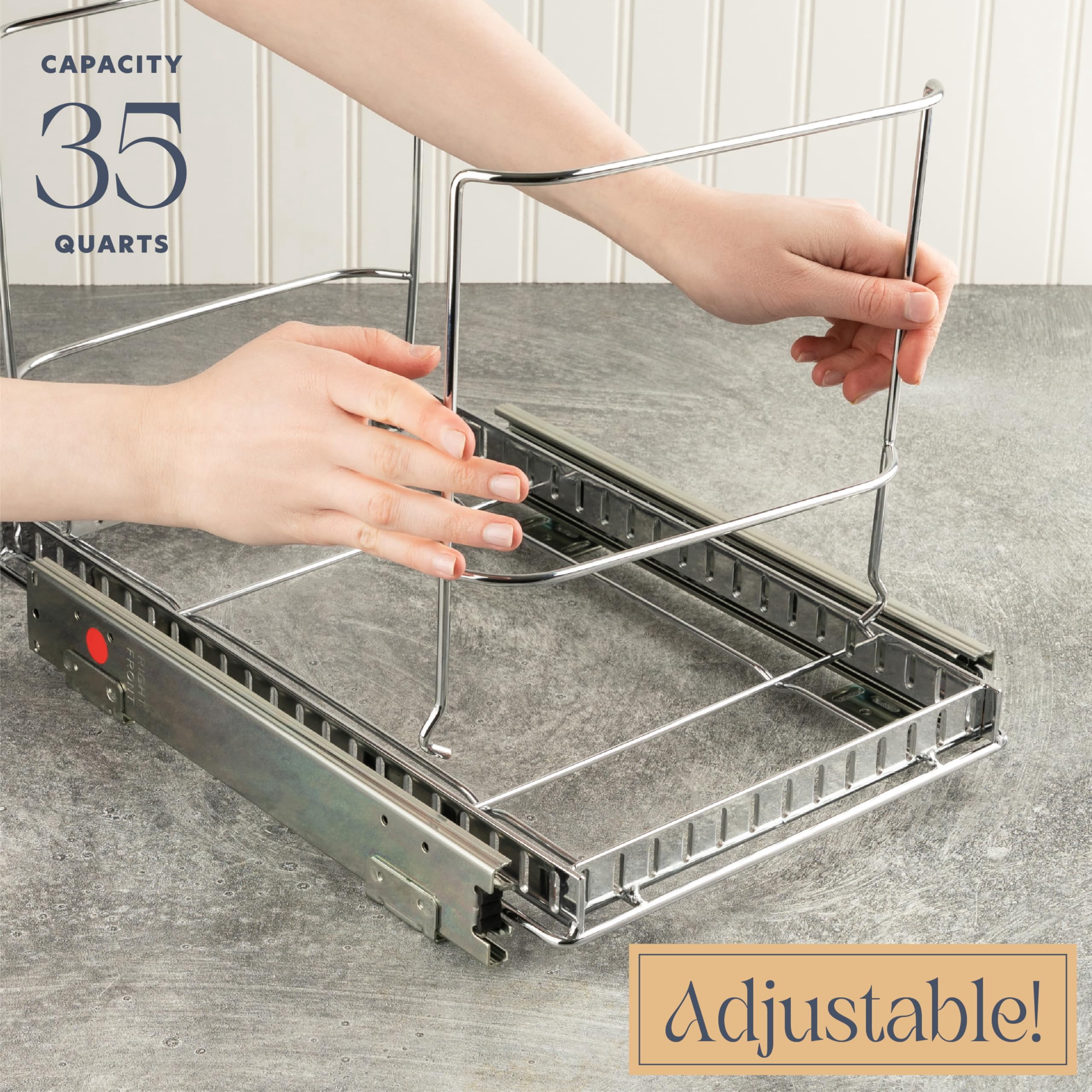 Pull-Out Cabinet Trash Can Organizer, Fits 9 Gal / 35 Qt Bins, Heavy-Duty Chrome Frame, Soft-Close Slide, Adaptable Mounting Options, Fits 12”+ Cabinet Opening, Bin Not Included