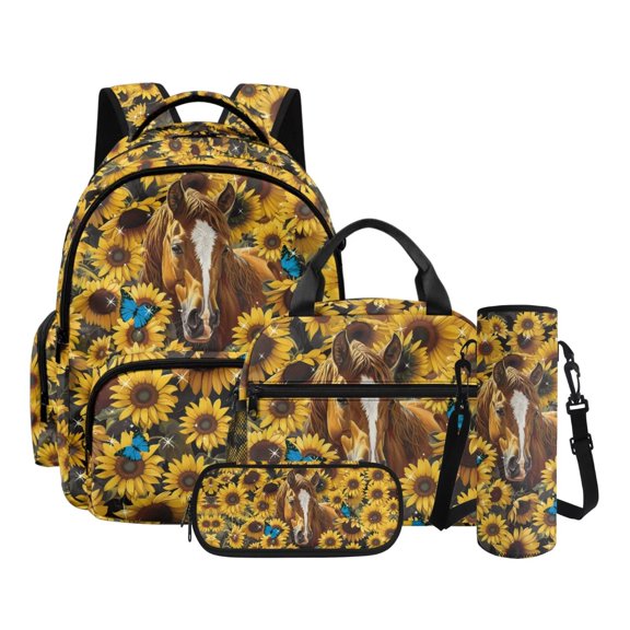 Kuiaobaty Backpack Set with Pencil Case for Girls Boys 17 Inch Backpack Lunch Bag with Bottle Holder Large Capacity Bookbag with Lunch Box for School Travel, Sunflower Horse Print