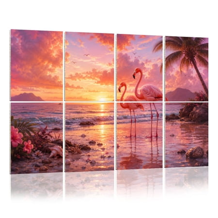 8 Pack Art Acoustic Panels Sound Absorbing Flamingo Serene Tropical Sunset Beach Soft Golden Hour Decorative Soundproof Wall Panels Self Adhesive for Nursery Game Room Bedroom 48 x32