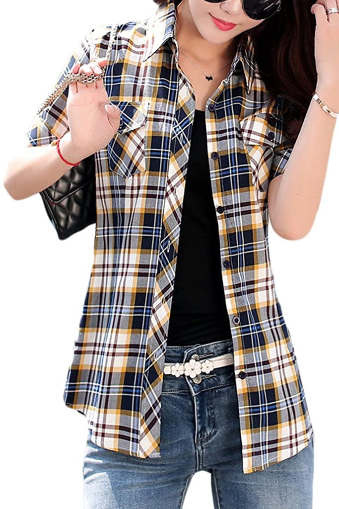 Neck Short Sleeve Plaid Shirt Button 