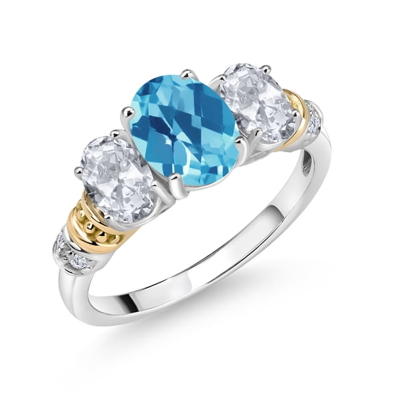 Gem Stone King 925 Sterling Silver and 10K Yellow Gold Oval Swiss Blue Topaz White Topaz and White Diamond 3 Stone Ring for Women (2.53 Cttw, Gemstone November Birthstone, Size 5)