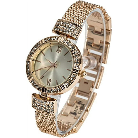 Blekon Collections Japanese Quartz 30mm Case Rhinestones Bezel Mesh/Link Band Watch