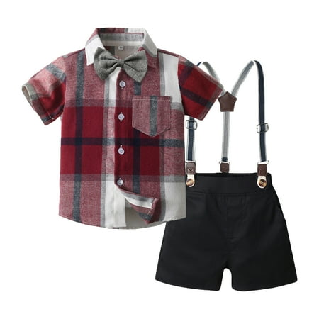 

Kids Toddler Boy Outfits Comfy Baby Clothing Sets Short Sleeve Plaid Prints T Shirt Tops Suspenders Shorts Child Gentleman Casual Playwear Suits Red 3-4 Years