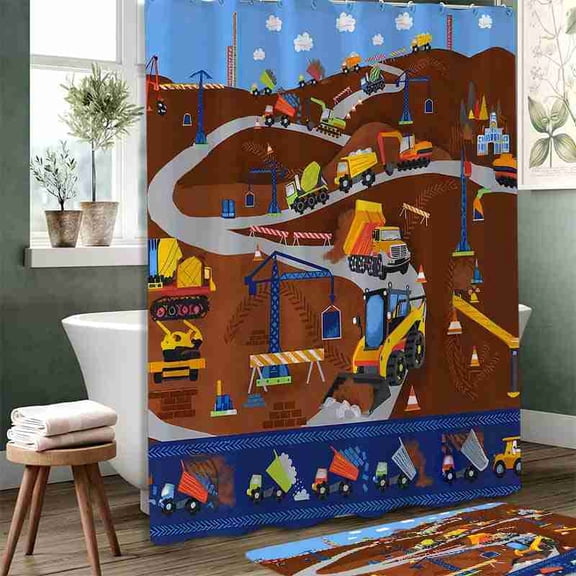 70x70 inch Cartoon Construction Trucks Diggers and Cranes Shower Curtain, Waterproof Polyester Fabric with Hooks for Kids Bathroom Decor