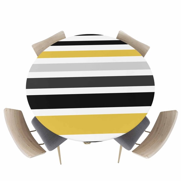 Watercolor Classic Stripe Fitted Round Tablecloths Elastic Edged Table Covers 36"-44",Grey Black Yellow Lines Waterproof Dining Room Table Cloth for Kitchen Holiday Party Tables Decor