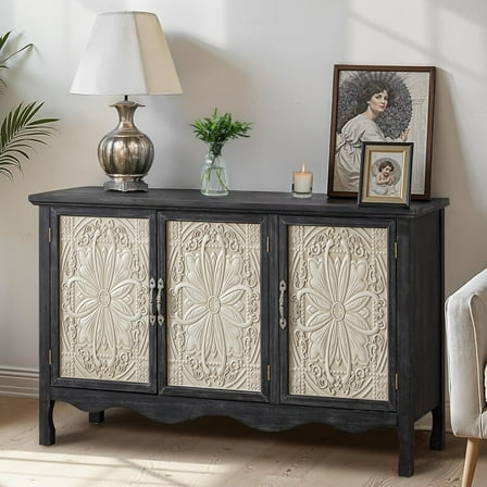 RoyalCraft Wide Farmhouse Buffet Cabinet Solid Wood Sideboard Storage Table, Wash Black