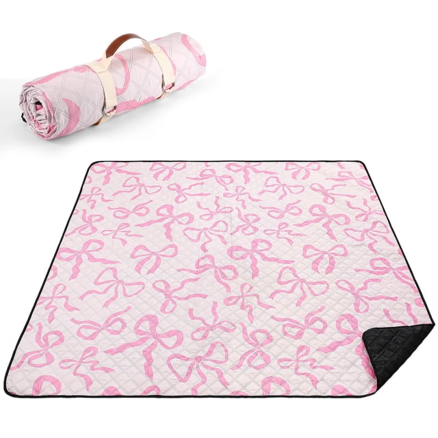 Manta de pícnic, suave y novedosa, impermeable, con lazo rosa, 203 x 203 cm
