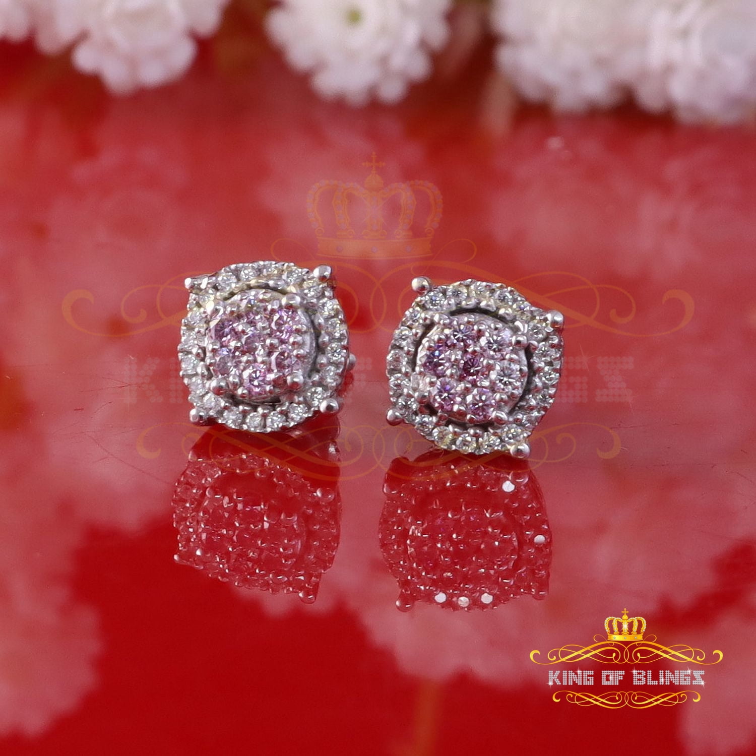 King of Bling's 925 Silver White 0.40ct VVS 'D' Pink Moissanite Round Mens/Women's Stud Earrings