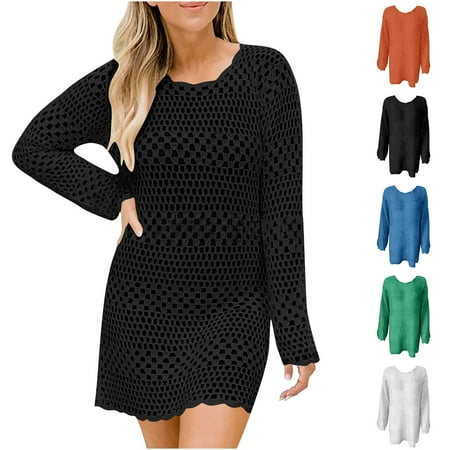 Axiiglly Bathing Suit Cover Up for Women Solid Color Beach Cover Ups Summer Crochet Swimsuit Coverups Long Sleeve Hollow Out Swimwear Casual Bikini Vacation Oufits