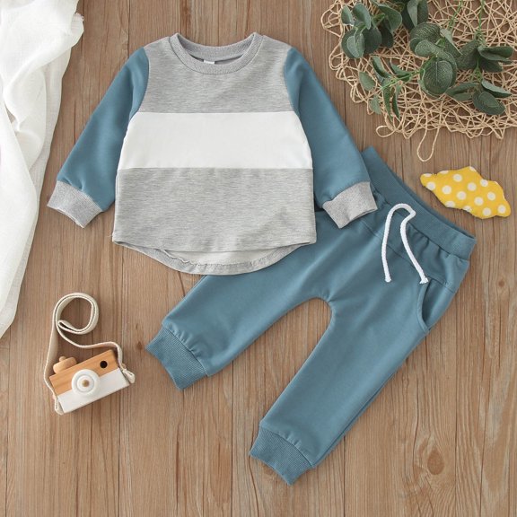 JIANJIA Baby Boys Outfit Sets Autumn Winter Color Block Print Crew Neck Long Sleeve T Shirt Pullover Tops With Pants Sportwear