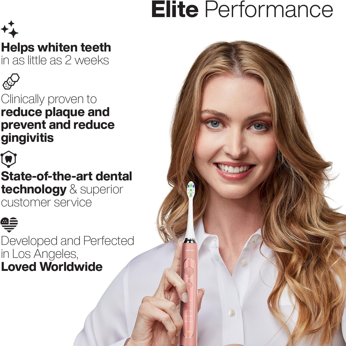 AquaSonic Elite Rechargeable Electric Toothbrush Set - ADA Accepted, 5 Modes, Travel Case, 8 Brush Heads (Rose Gold)