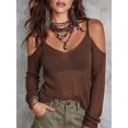 thumbnail image 4 of Women's Sheer Knit Top V-Neck Cold Shoulder Cutout Shoulder Long Sleeve Loose Fit Pullover for Fall Winter Layering Boho Vacation Daily Outfits, 4 of 8