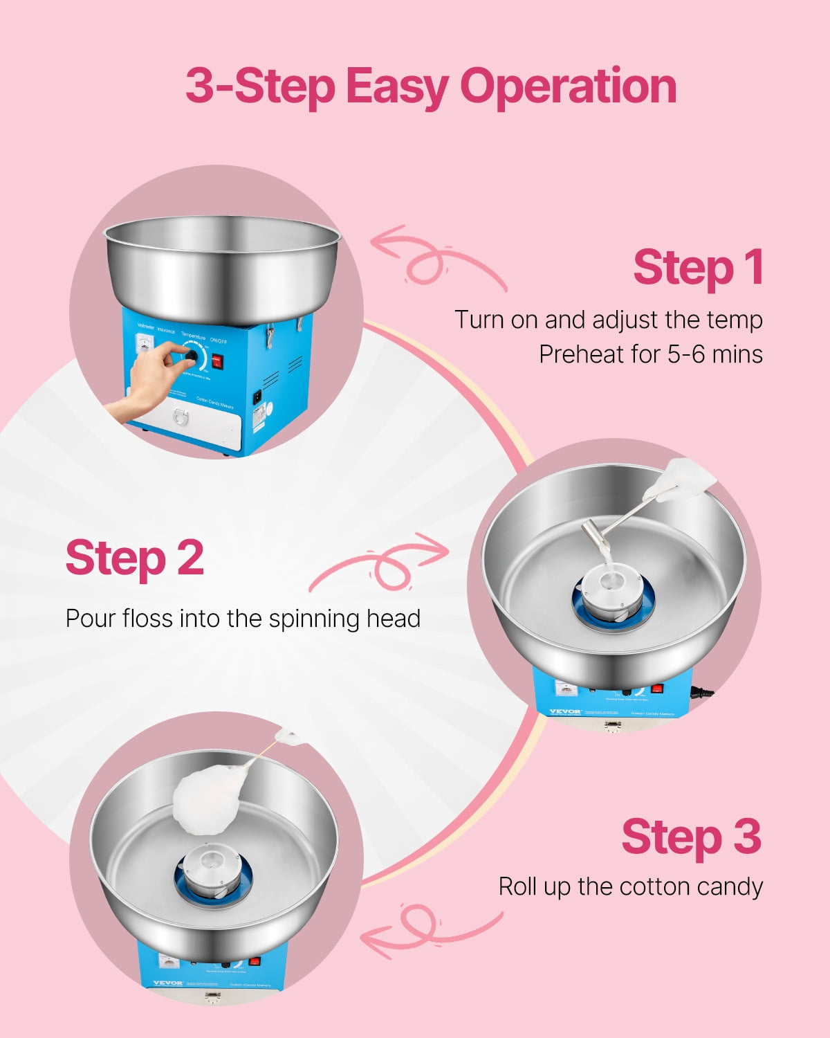 VEVOR Electric Cotton Candy Machine, 1000W Commercial Candy Floss Maker with 20.5 in Stainless Steel Bowl, Sugar Scoop, and Drawer, Easy Home Use, Perfect for Kids Birthday, Family Party, Blue
